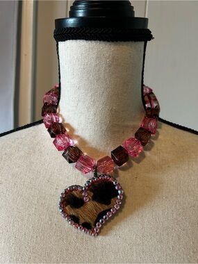 Cowhide Cheetah Heart Acrylic Swarovski Necklace